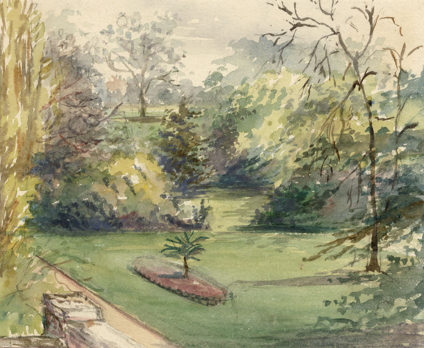 M. Conway, Garden at Woodhays, Wimbledon – Original 1876 watercolour painting