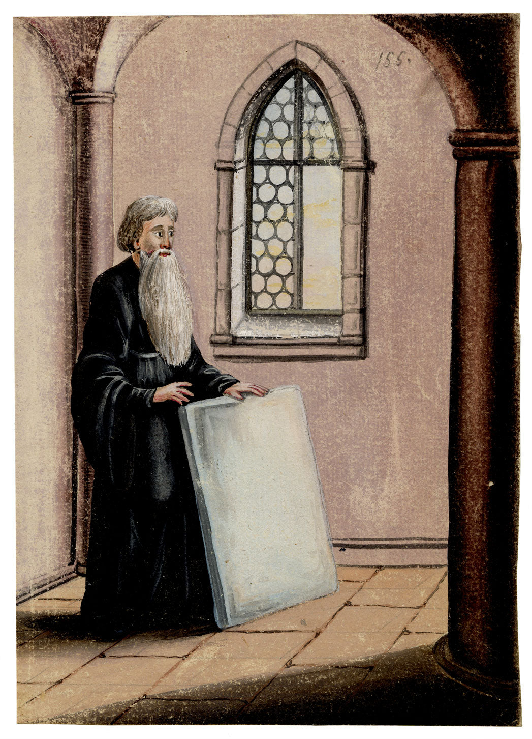 Leopold Billek, Medieval Monk with Stone Tablet – c.1820 gouache painting