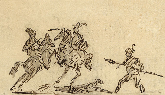Hoppner, Horse Battle with Spears – early 19th-century pen & ink drawing