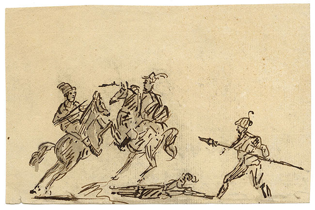 Hoppner, Horse Battle with Spears – early 19th-century pen & ink drawing