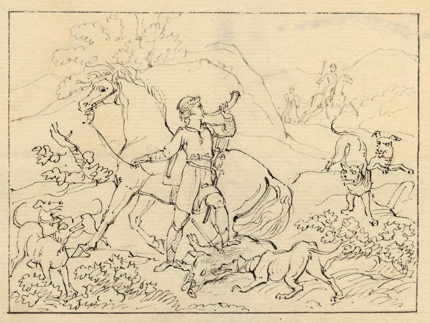 Possibly Thomas Stothard RA, Medieval Boar Hunting Scene–early C19th ink drawing