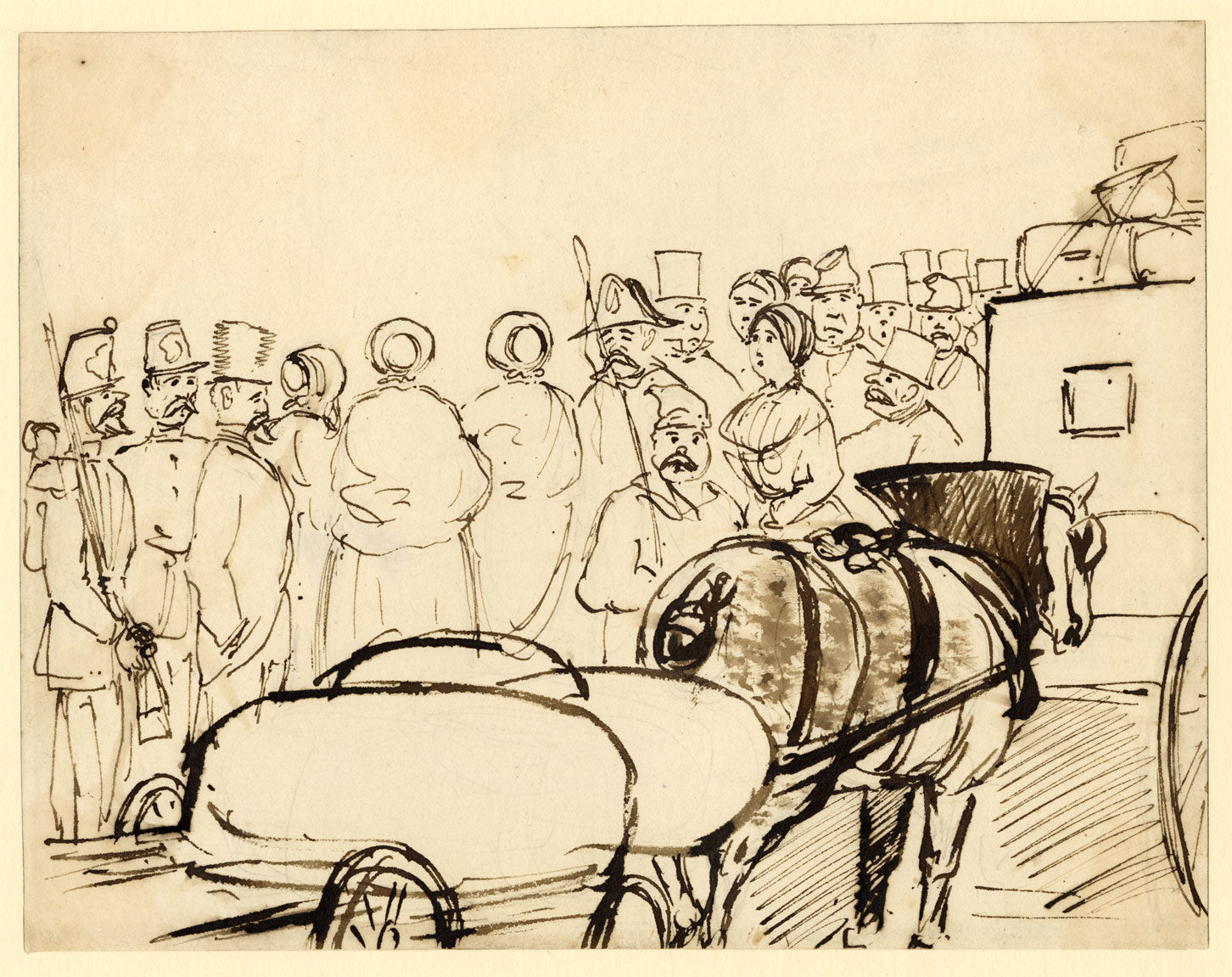 Attrib. John Leech, Gathered Crowd with Horse & Carriage – mid-C19th ink drawing