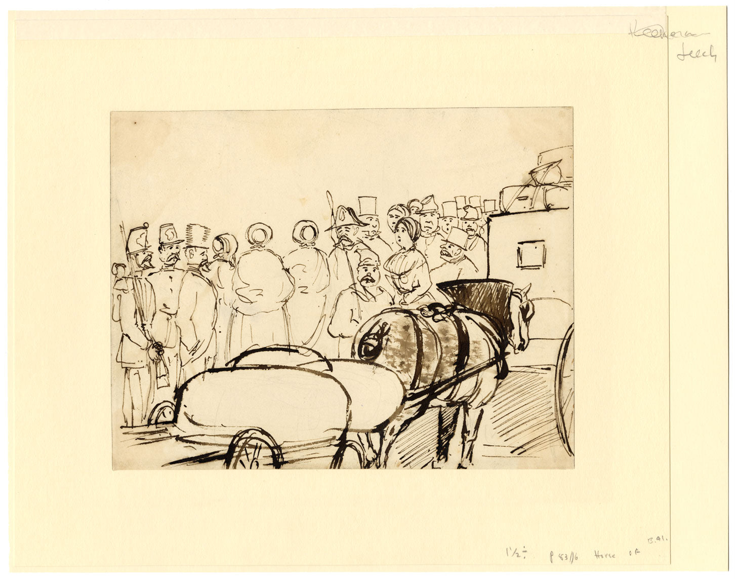 Attrib. John Leech, Gathered Crowd with Horse & Carriage – mid-C19th ink drawing