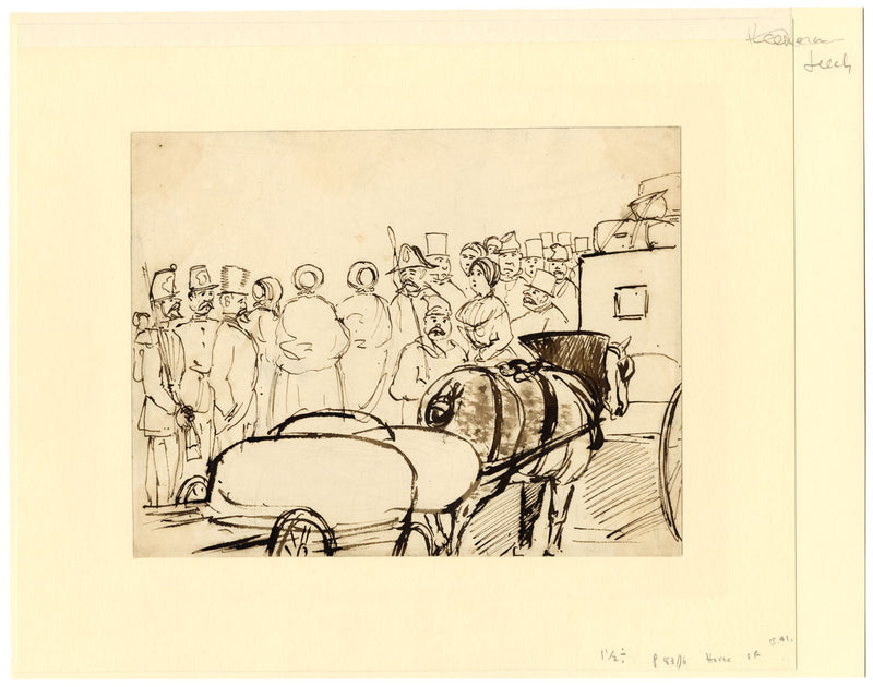 Attrib. John Leech, Gathered Crowd with Horse & Carriage – mid-C19th ink drawing