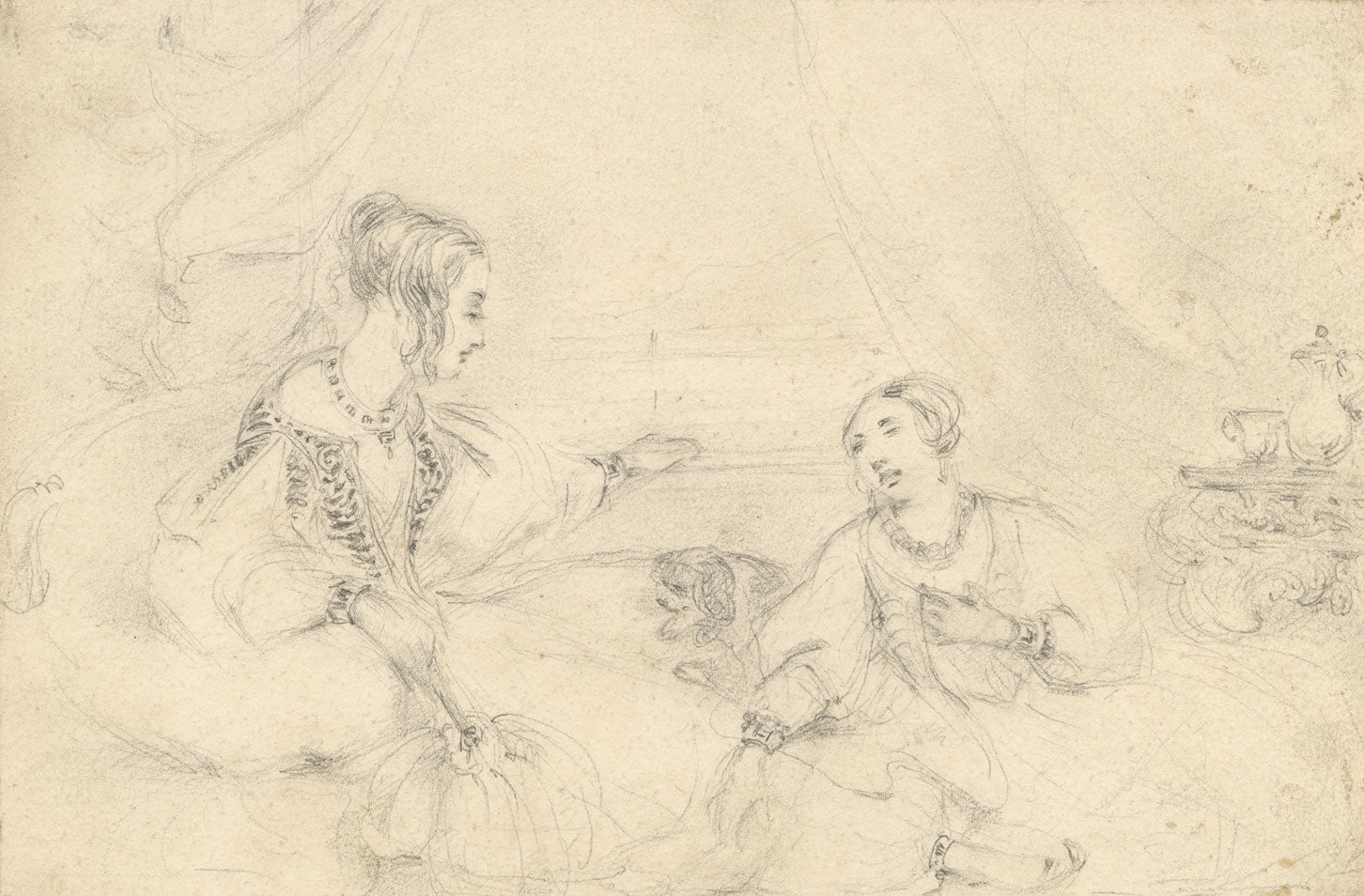 Victorian Ladies in Orientalist Setting – mid-19th-century graphite drawing