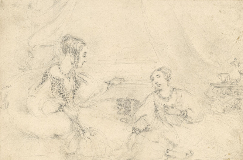 Victorian Ladies in Orientalist Setting – mid-19th-century graphite drawing