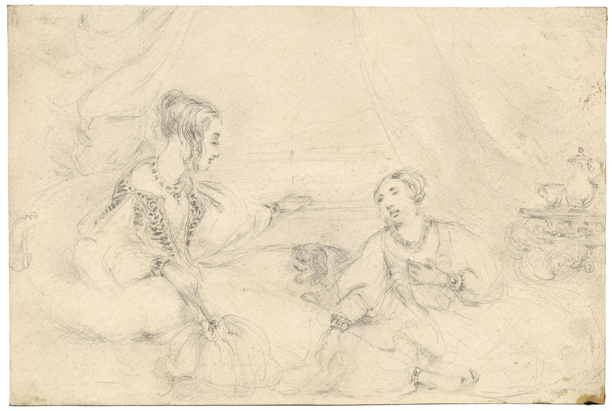 Victorian Ladies in Orientalist Setting – mid-19th-century graphite drawing