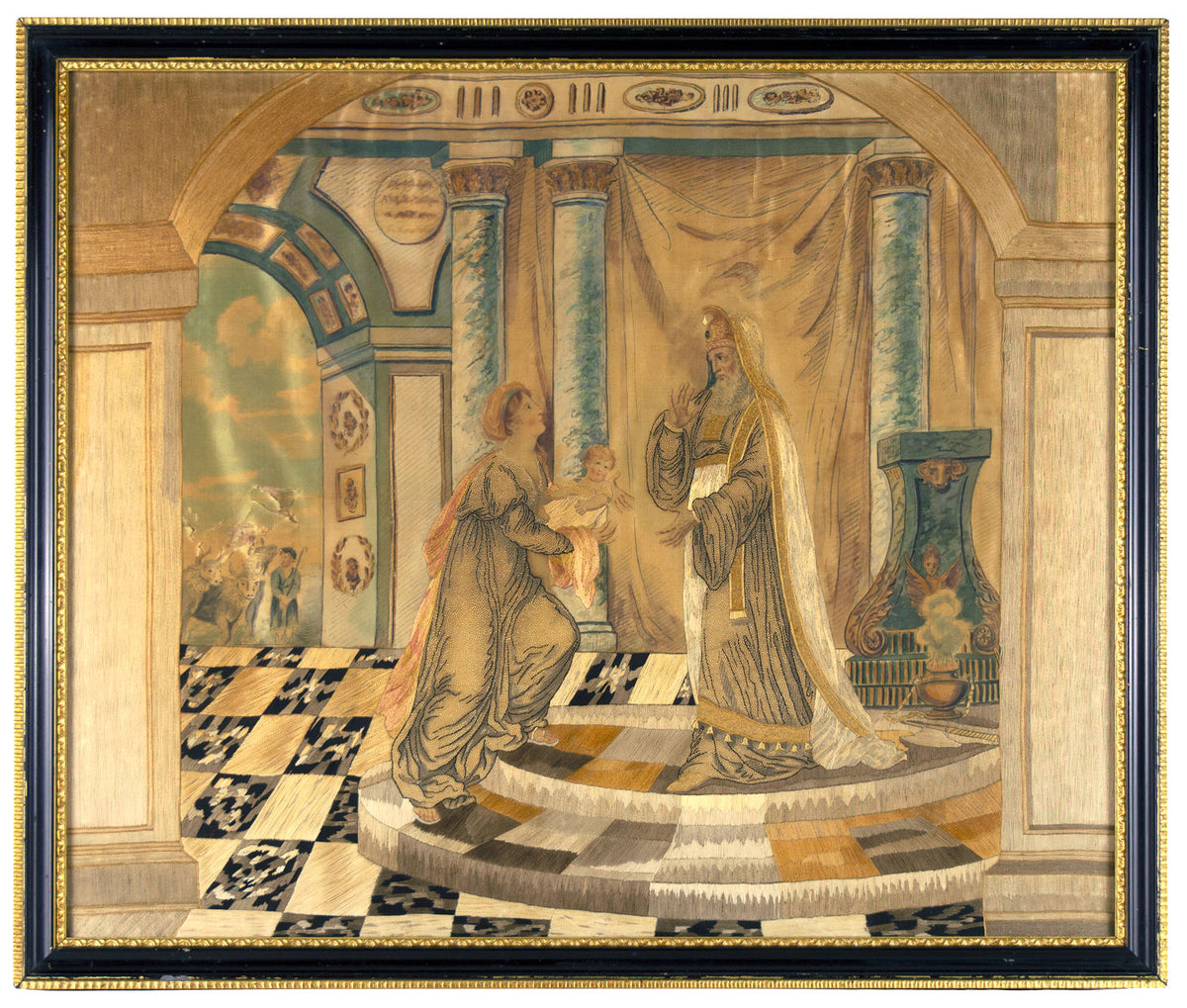 The Presentation of Christ – 18th-century Silk Embroidery Panel with Watercolour