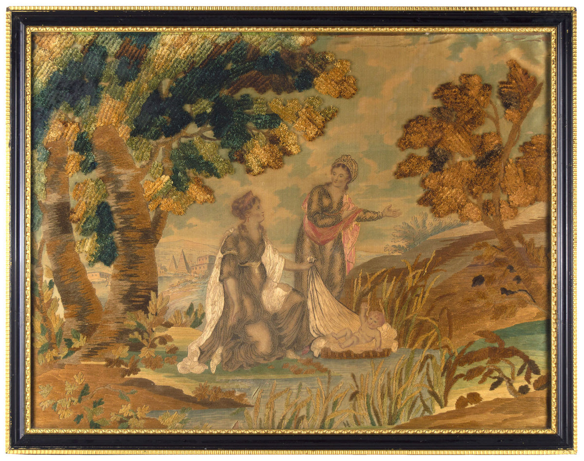 Saving of Moses from the Water – 18th-century Stumpwork & Silk Embroidery Panel
