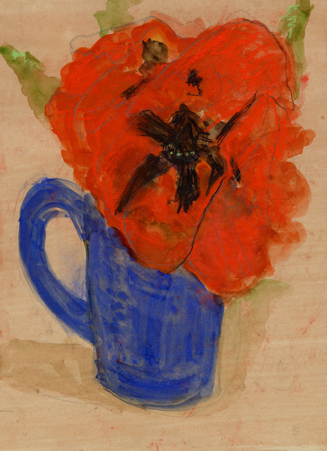 Manner of Josef Herman RA, Still Life with Red Poppy – mid-C20th watercolour