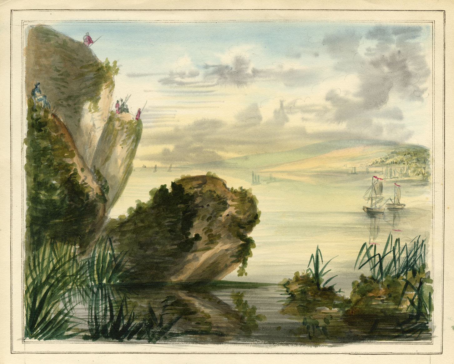 Coastal View in India with Spearsmen – early 19th-century watercolour painting