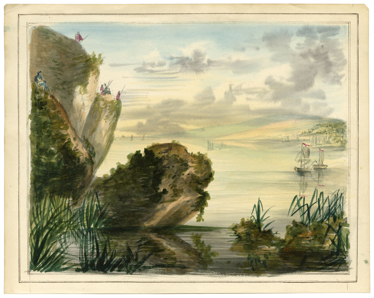 Vista costera de la India con lanceros: acuarela de principios del siglo XIX