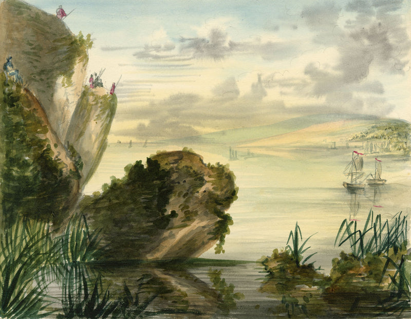 Vista costera de la India con lanceros: acuarela de principios del siglo XIX