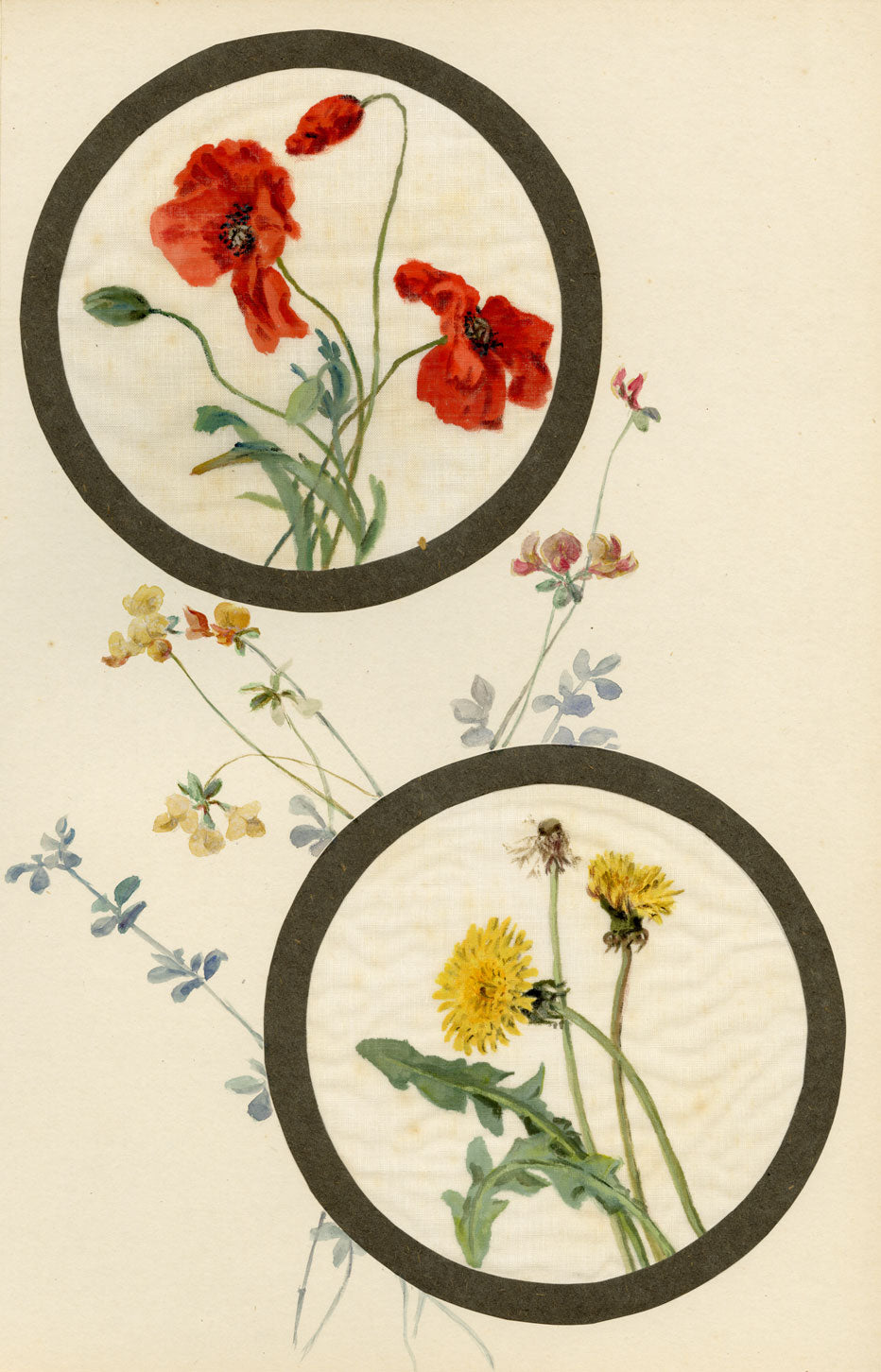 Poppy & Dandelion Flower – Early C20th watercolour painting on linen gauze