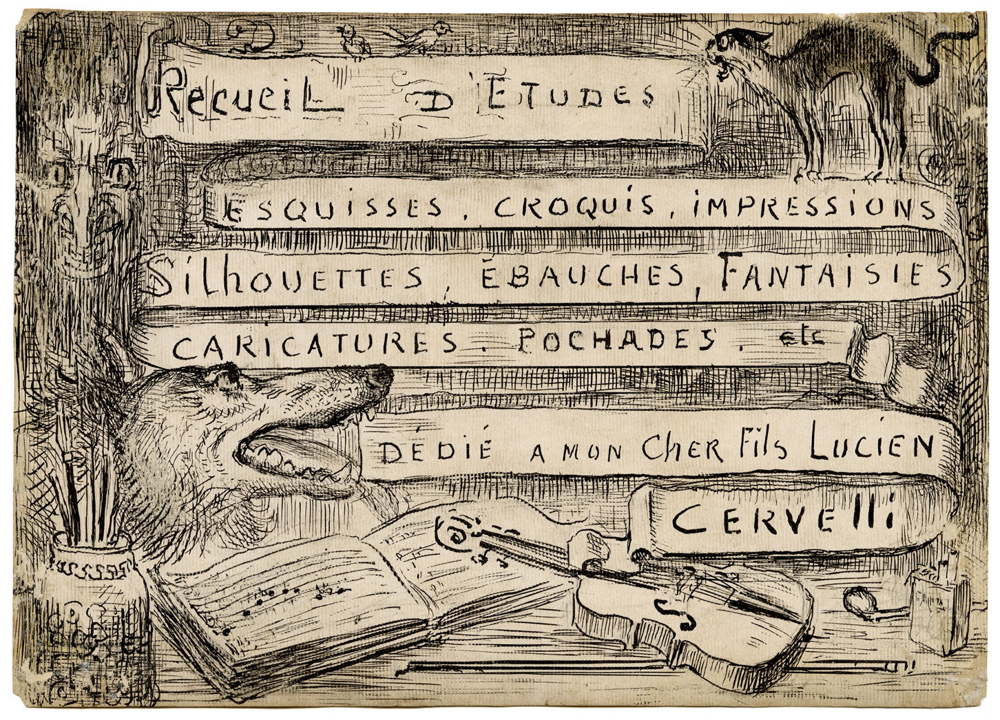 G. Cervelli, Frontespizio con dedica a Lucien – Disegno a penna e inchiostro degli anni '10