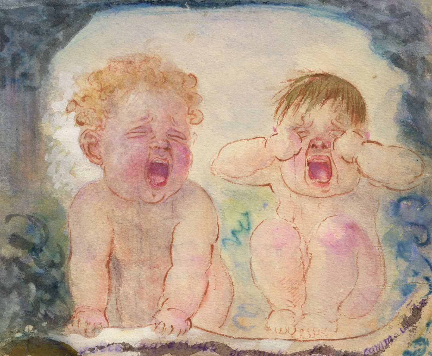 G. Cervelli, Babies Bawling Satirical Cartoon – 1910s watercolour painting
