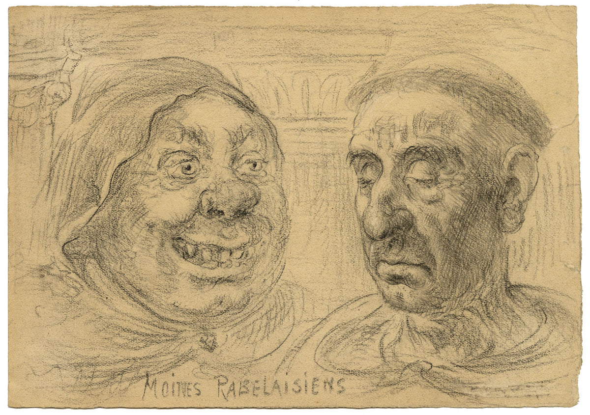 G. Cervelli, Rabelaisian Monks French Caricature – 1910s charcoal drawing