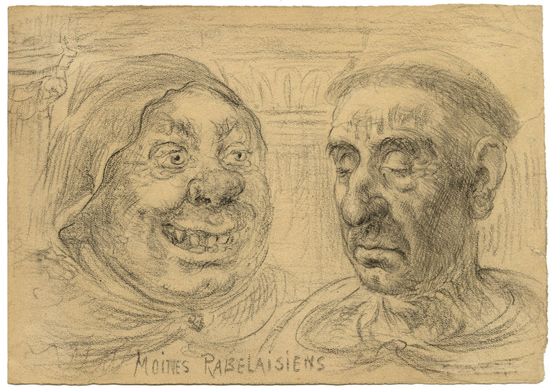 G. Cervelli, Rabelaisian Monks French Caricature – 1910s charcoal drawing