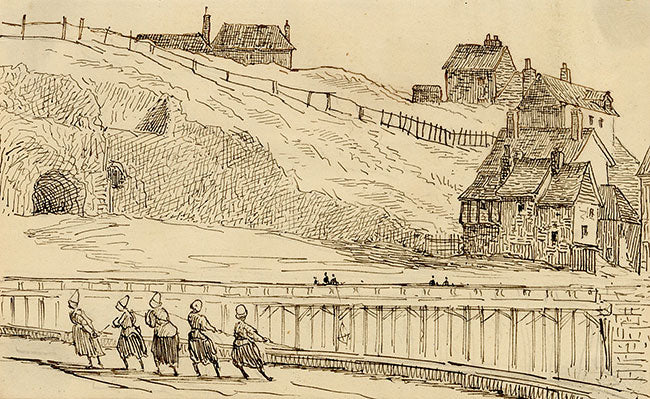 George J. Cayley, Dieppe View with Fisherwomen, Normandy –1874 pen & ink drawing