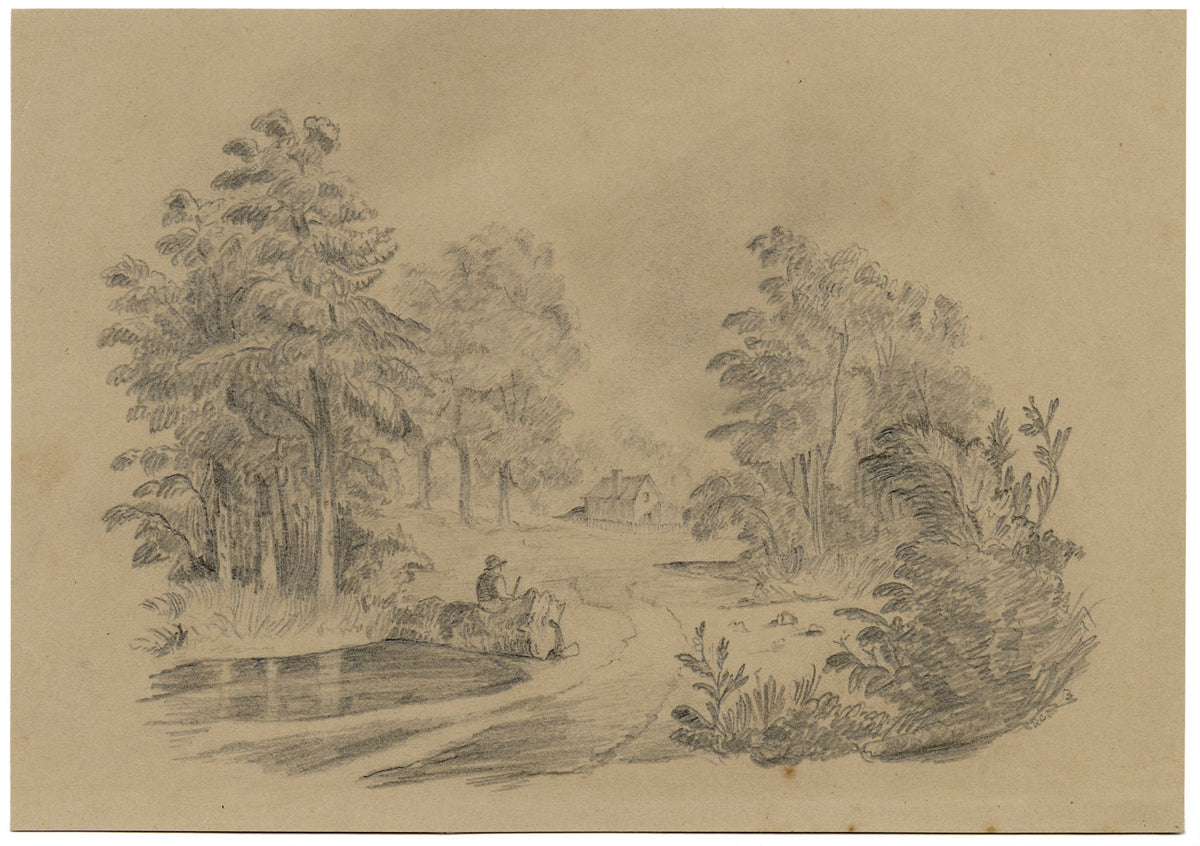 Boscaiolo a riposo con ascia – Disegno originale a grafite dei primi anni del XIX secolo