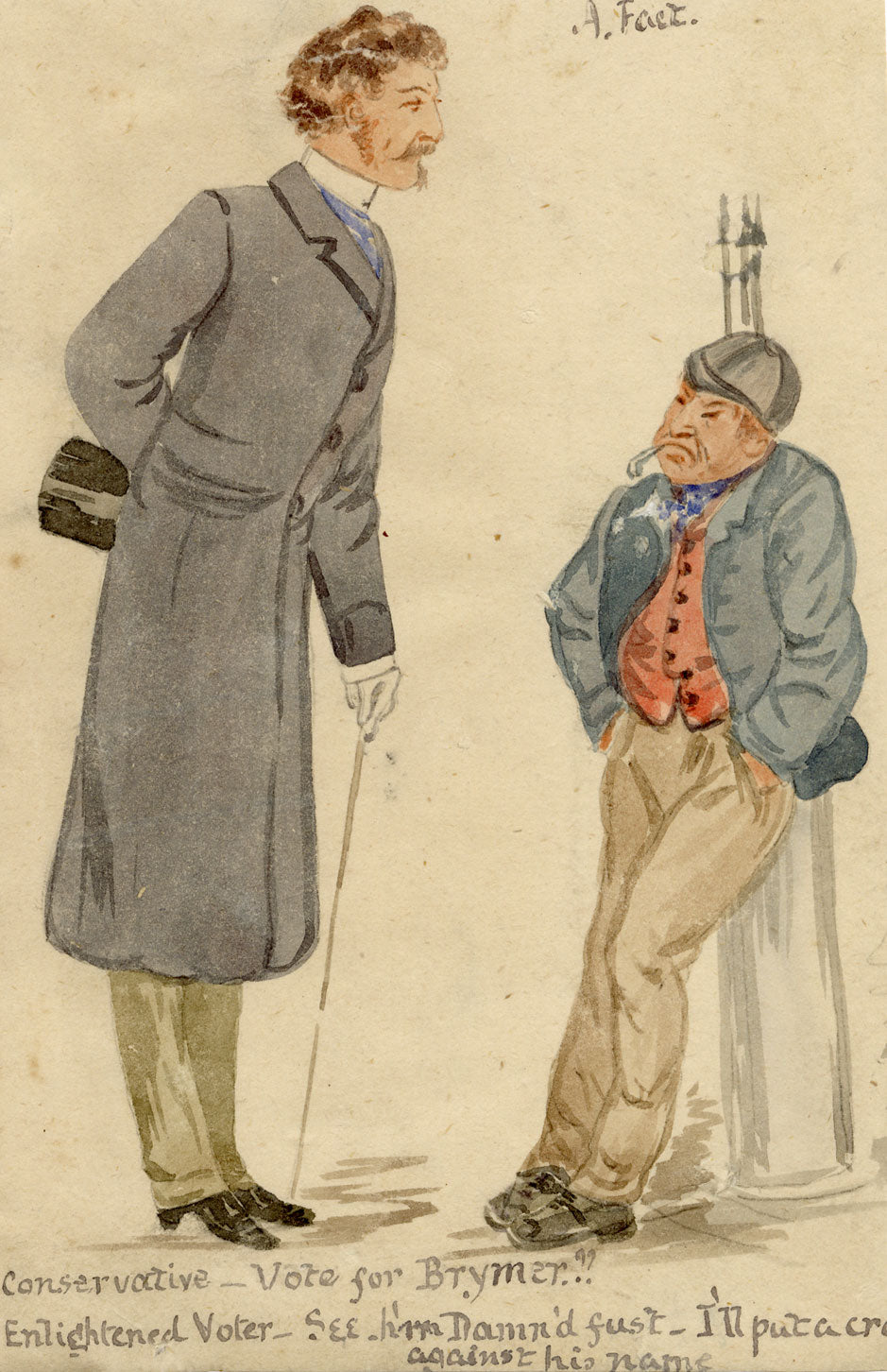 Victorian Political Cartoon 'Vote for Brymer' – 1880s watercolour painting