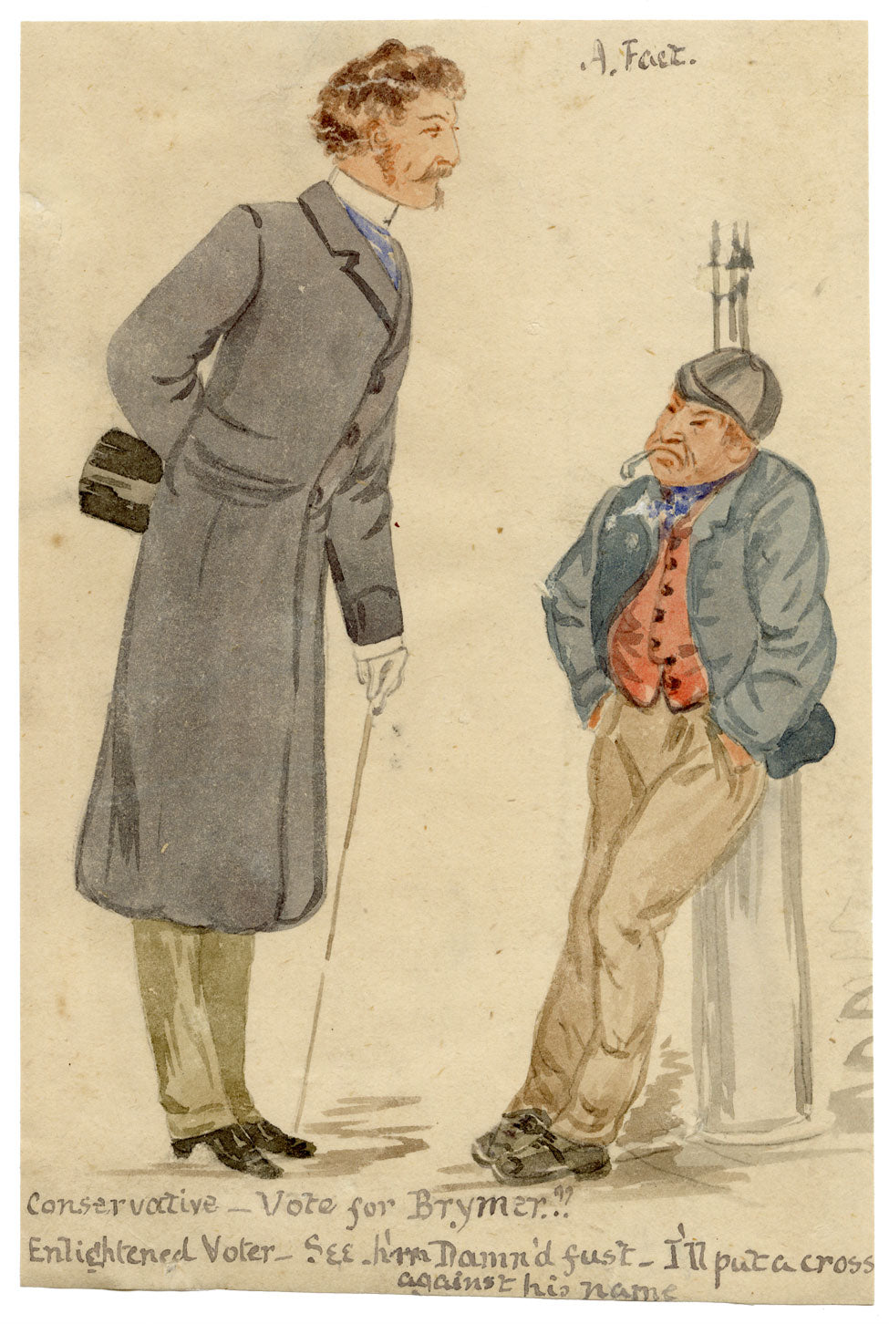 Victorian Political Cartoon 'Vote for Brymer' – 1880s watercolour painting
