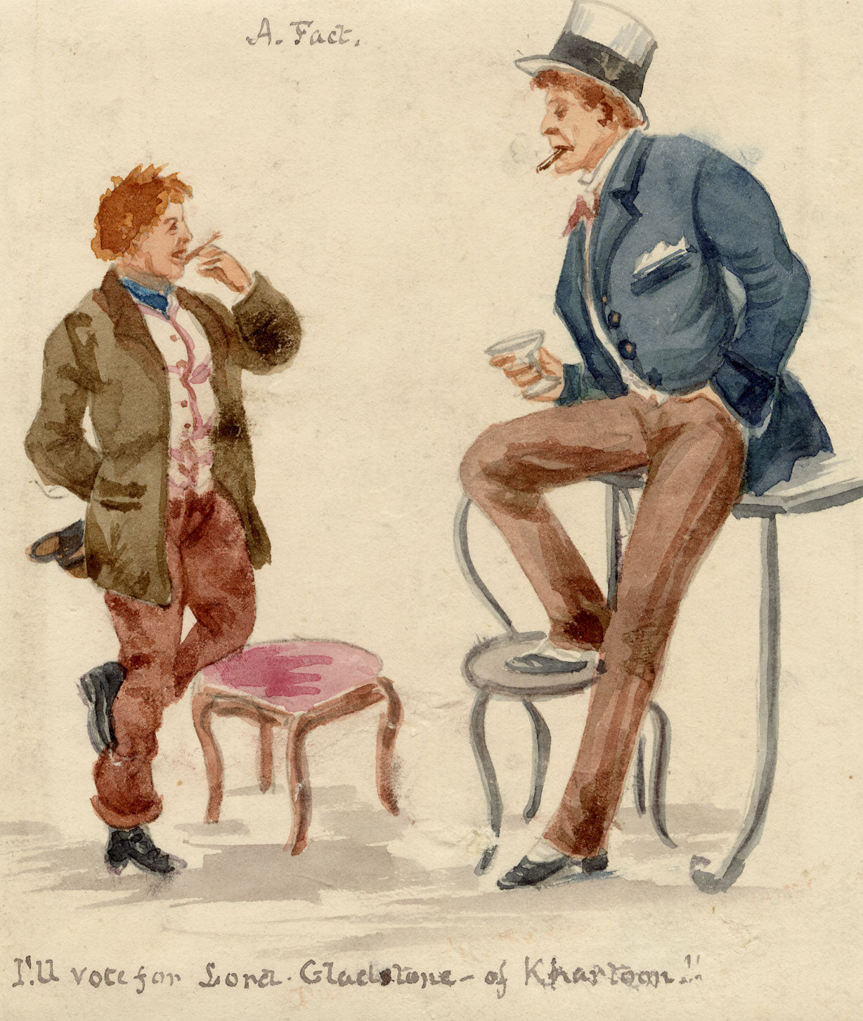 Victorian Political Cartoon, Gladstone on Khartoum – 1880s watercolour painting