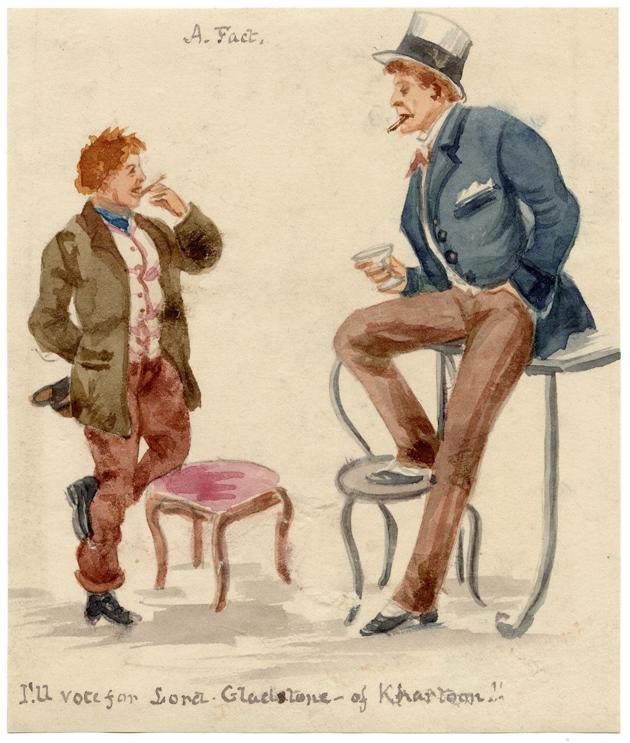 Victorian Political Cartoon, Gladstone on Khartoum – 1880s watercolour painting