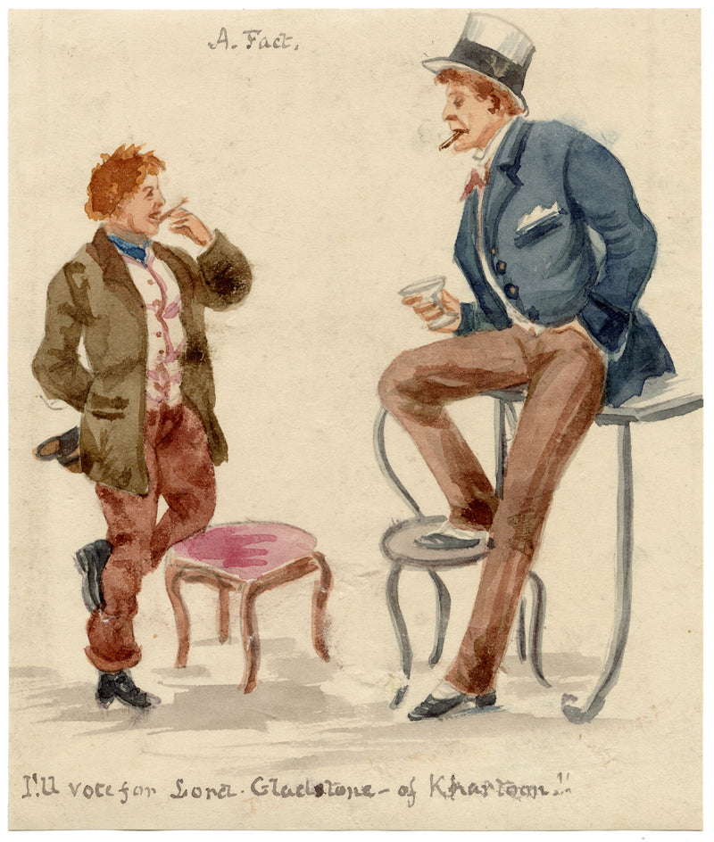 Victorian Political Cartoon, Gladstone on Khartoum – 1880s watercolour painting