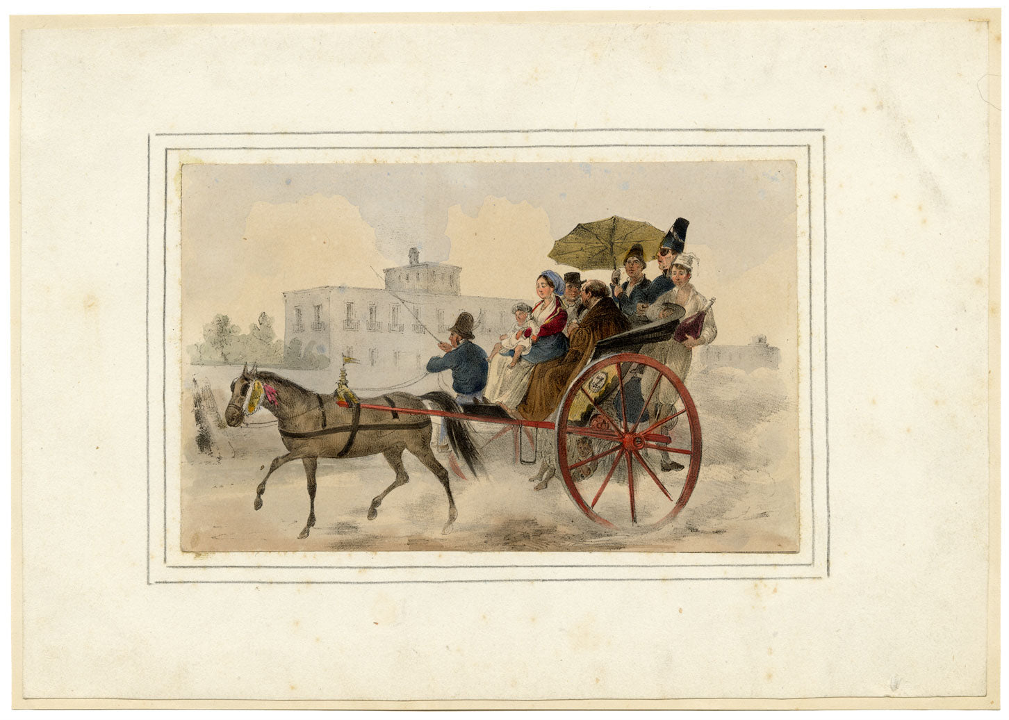 Gaetano Dura, Horse-drawn Carriage, Naples – early 19th-century lithograph print