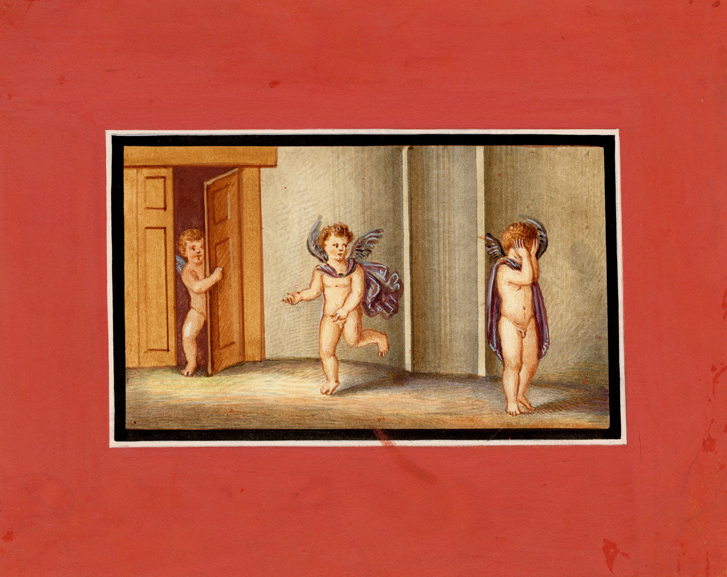 Neapolitan School Pompeii Fresco: Cupid Hide & Seek–early C19th gouache painting