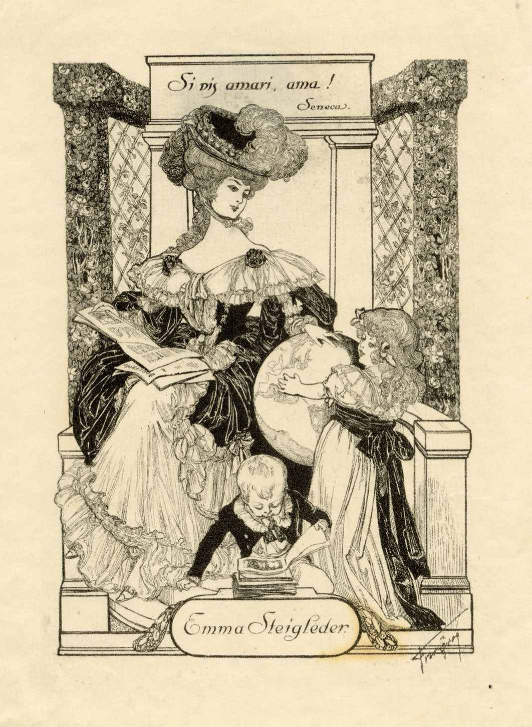 Vienna Secession Ex Libris Bookplate by Franz von Bayros – c.1910s etching