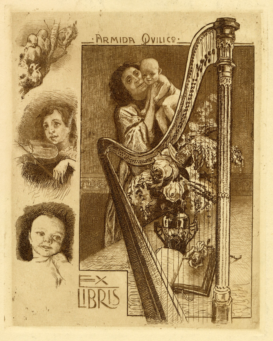 Vienna Secession Ex Libris Bookplate by Alfonso Bosco – c.1910s etching