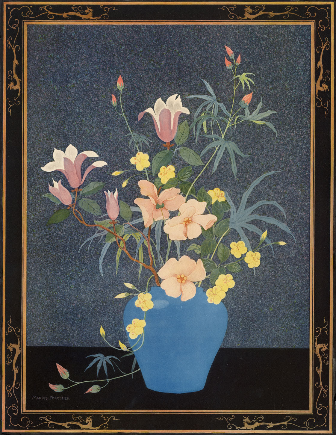 Marius Forestier, Decorative Flowers in Blue Vase – c.1920s print on board