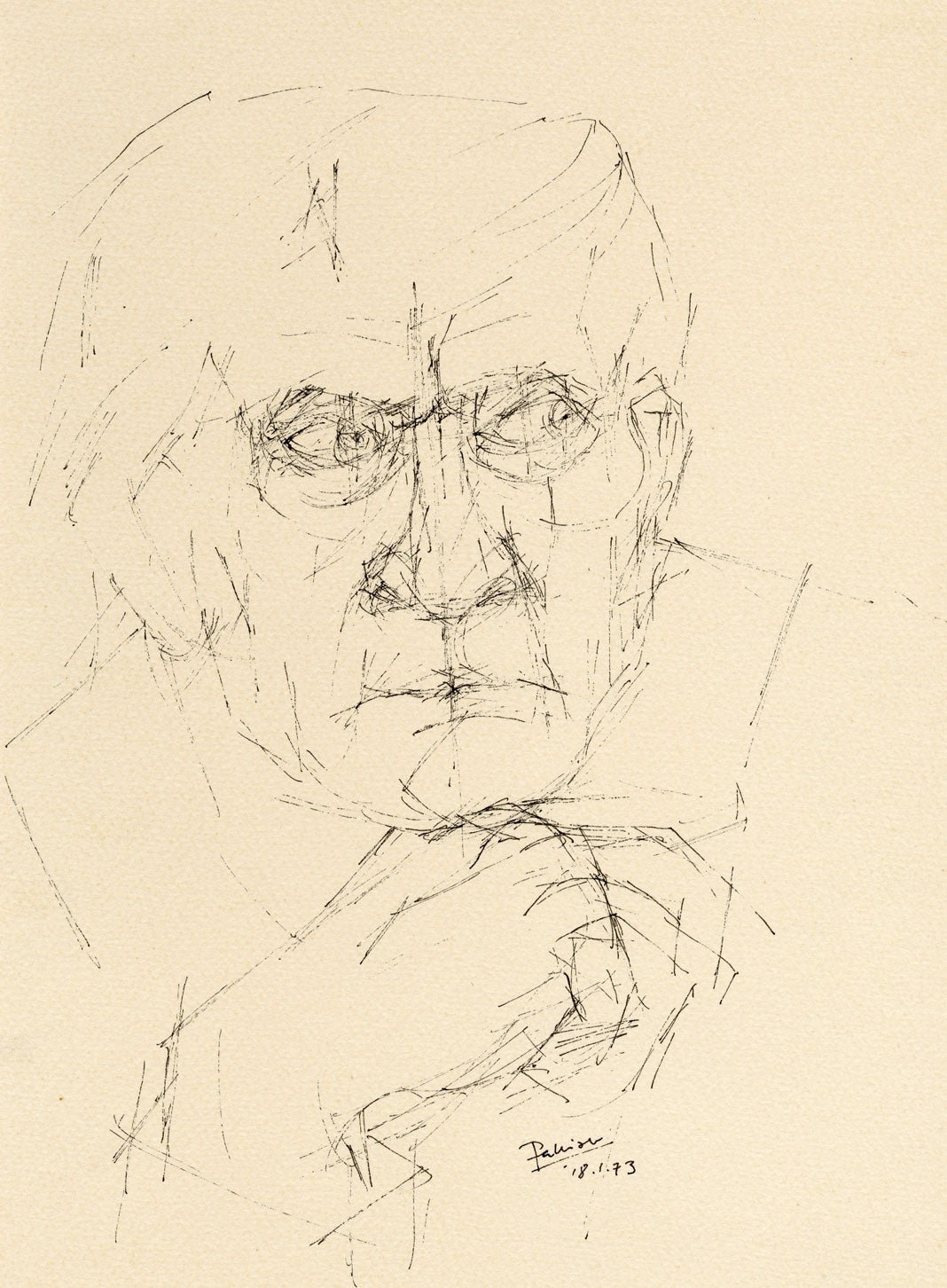 Anthony Palliser, Male Portrait Study – Original 1973 pen & ink drawing