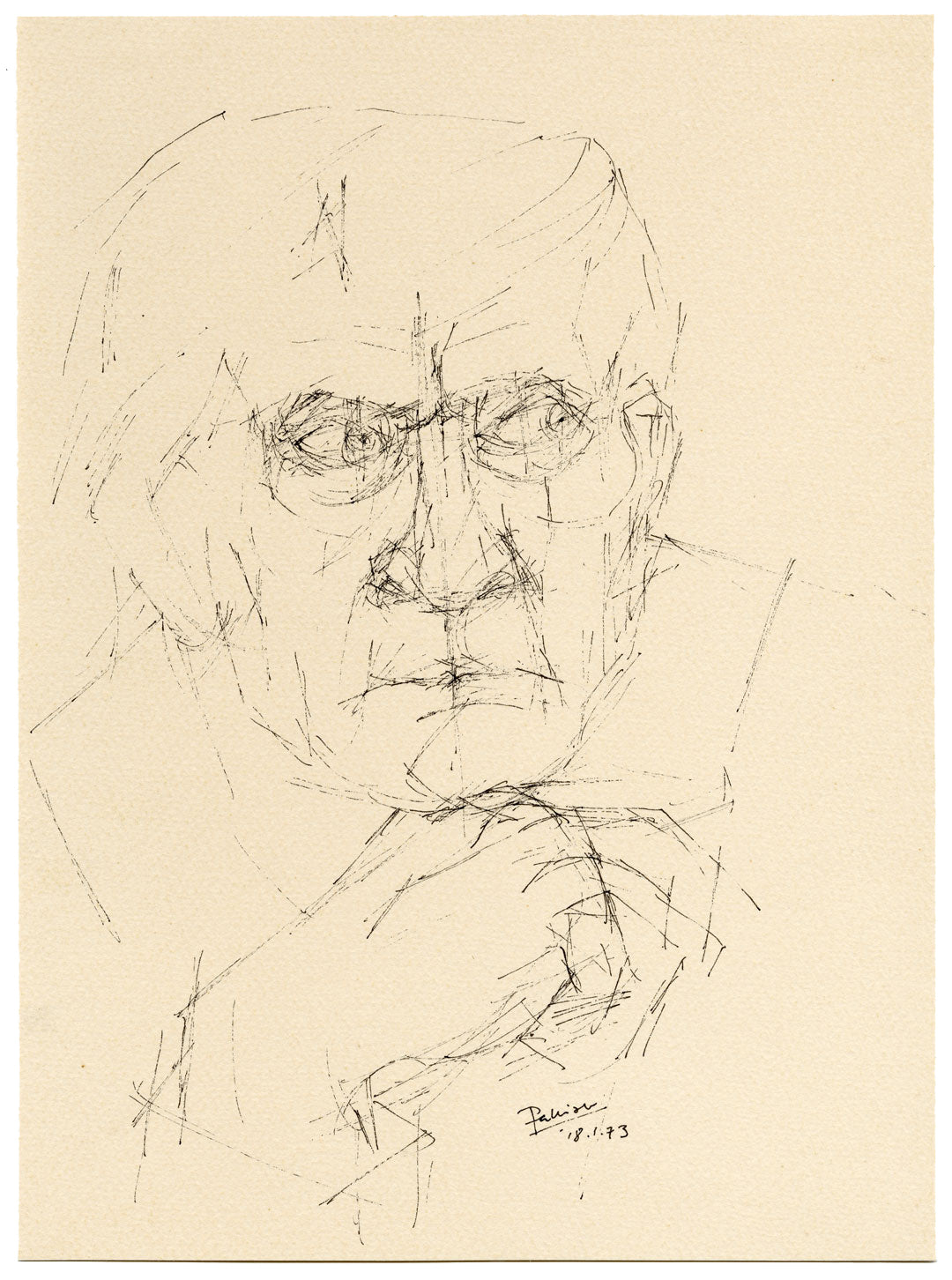 Anthony Palliser, Studio di ritratto maschile – Disegno originale a penna e inchiostro del 1973