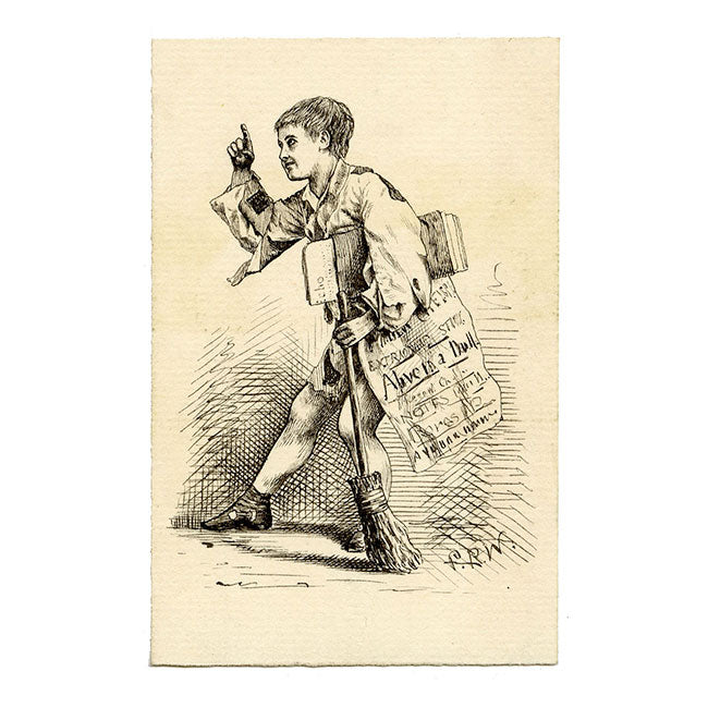 Pickford Robert Waller, Victorian Newsboy – Original c.1860s pen & ink drawing