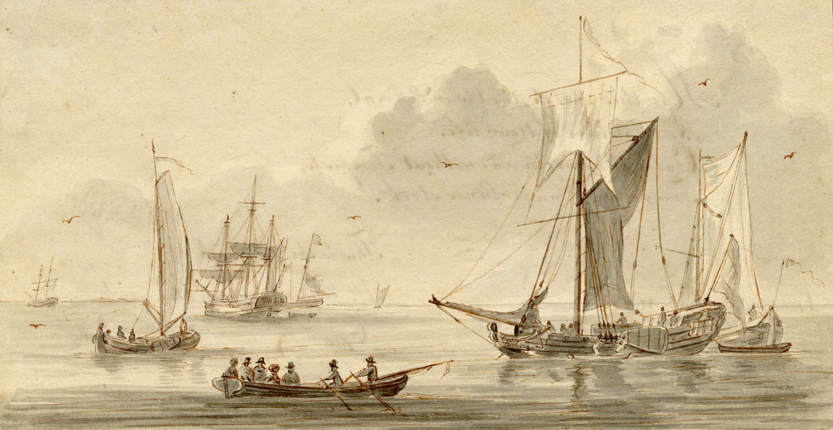 D. Burger Jnr, Dutch Barges in Calm Waters – Original 1808 watercolour painting