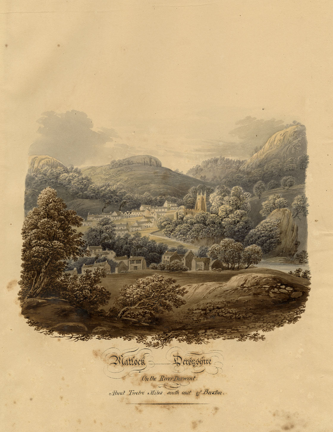 Matlock on the River Derwent, Derbyshire – Original 1832 watercolour painting