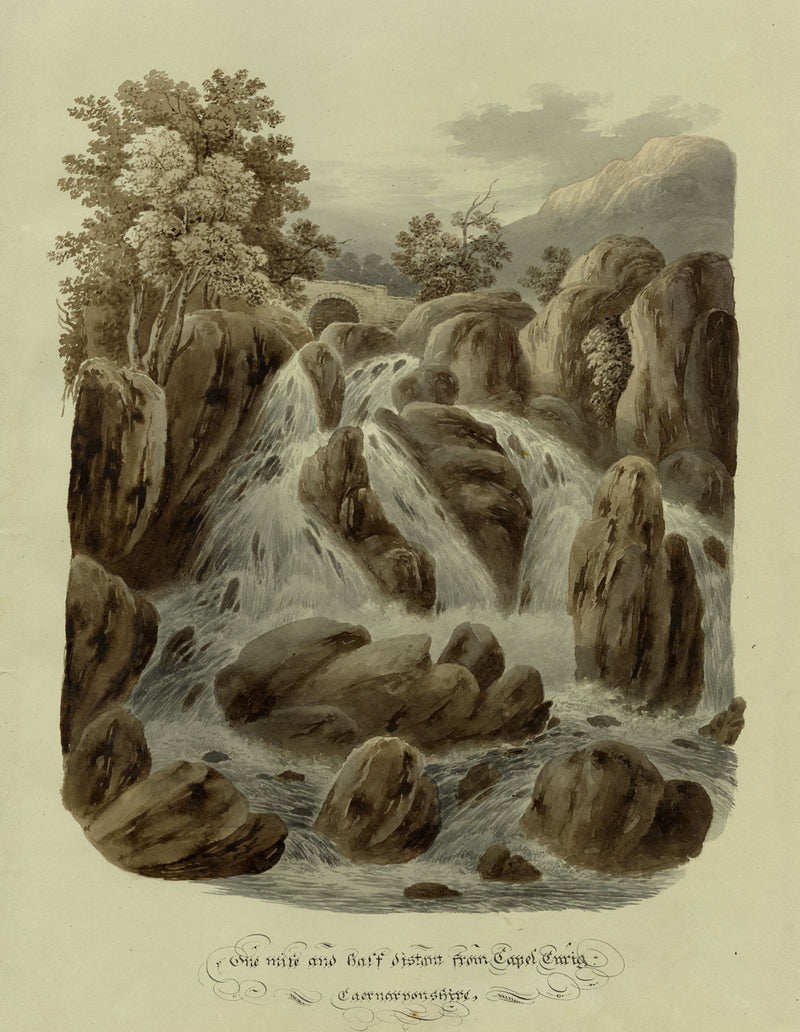 Waterfall near Capel Curig, Caernarvonshire, Wales – 1832 watercolour painting