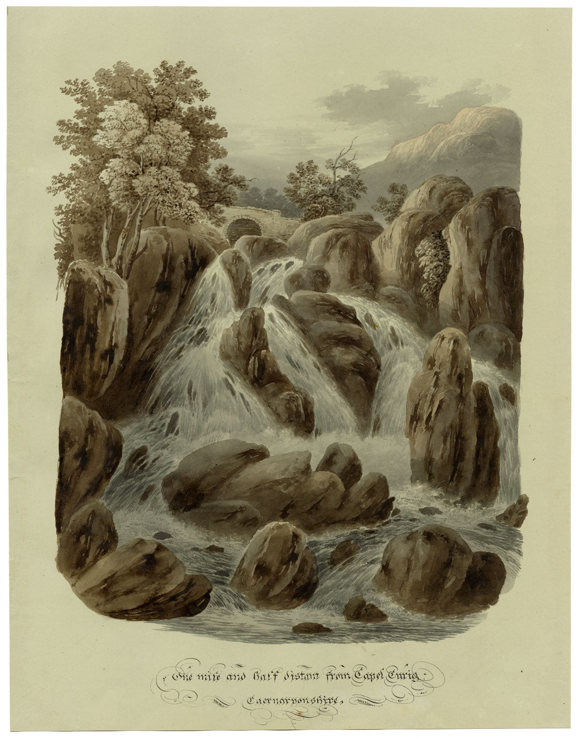 Waterfall near Capel Curig, Caernarvonshire, Wales – 1832 watercolour painting