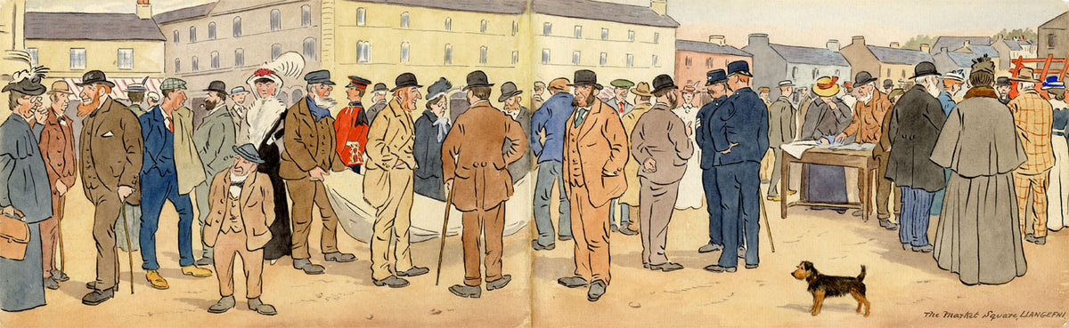 Edwardian Figures, Llangefni Market Square, Anglesey, Wales – 1912 watercolour