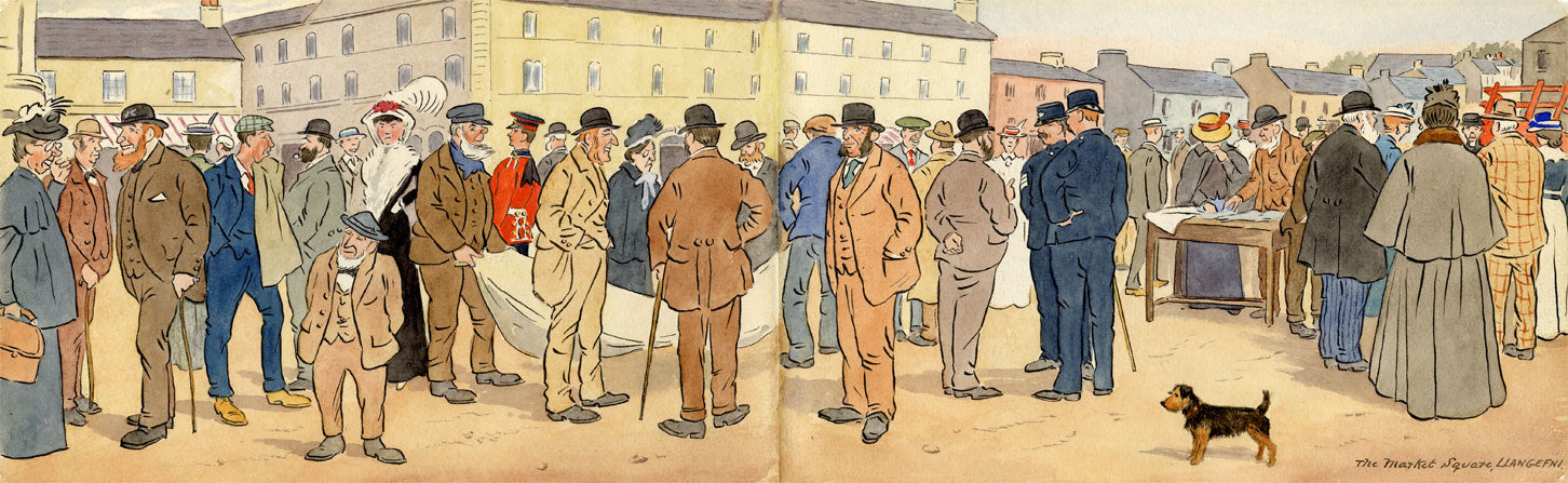 Edwardian Figures, Llangefni Market Square, Anglesey, Wales – 1912 watercolour