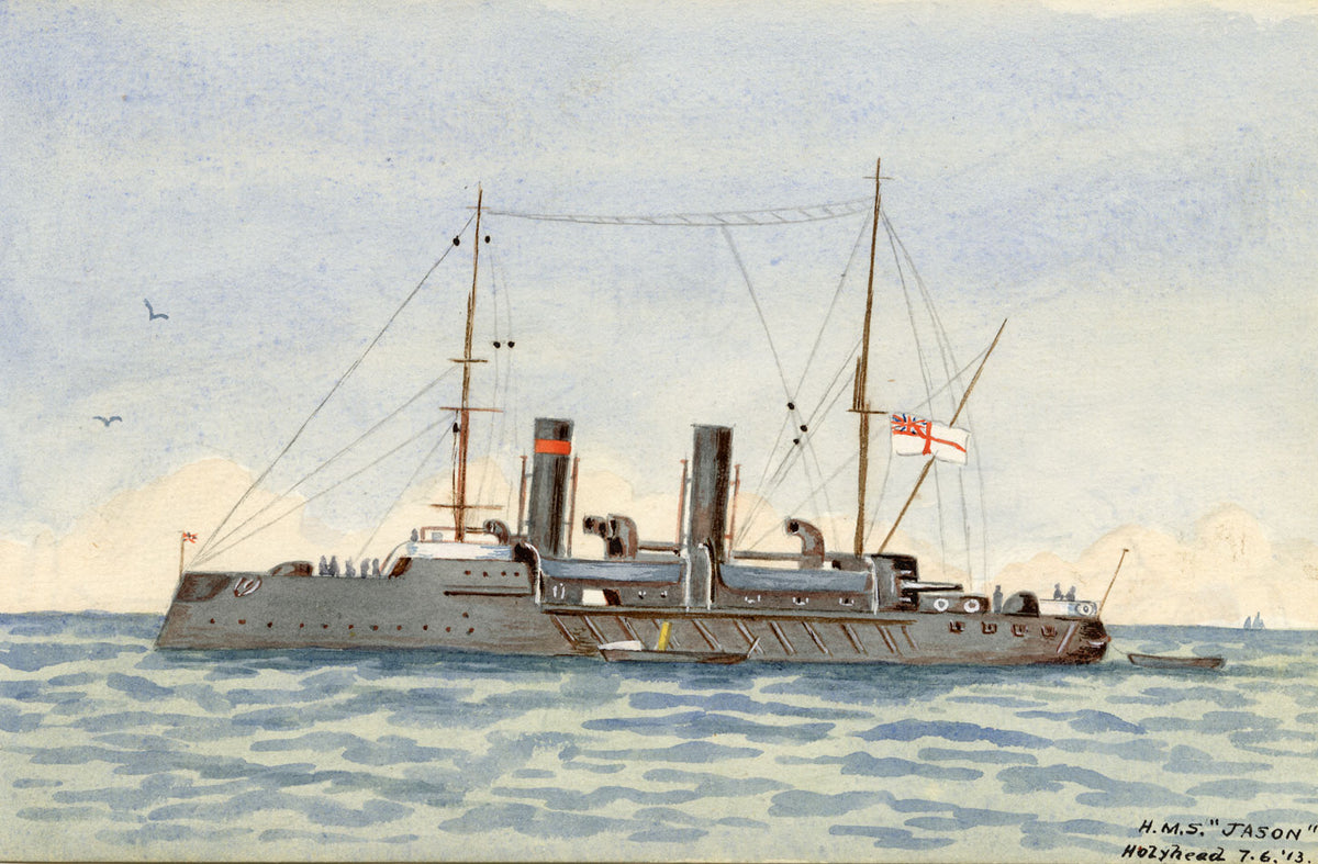 HMS Jason Minesweeper Warship, Holyhead, Anglesey, Wales – 1913 watercolour