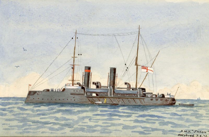 HMS Jason Minesweeper Warship, Holyhead, Anglesey, Wales – 1913 watercolour