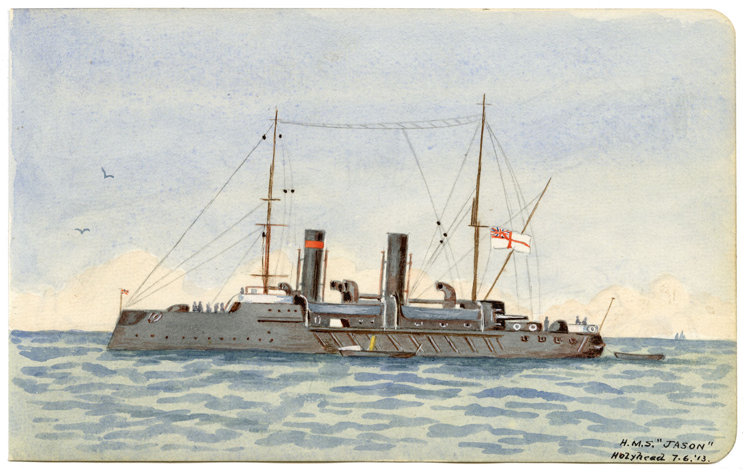 HMS Jason Minesweeper Warship, Holyhead, Anglesey, Wales – 1913 watercolour