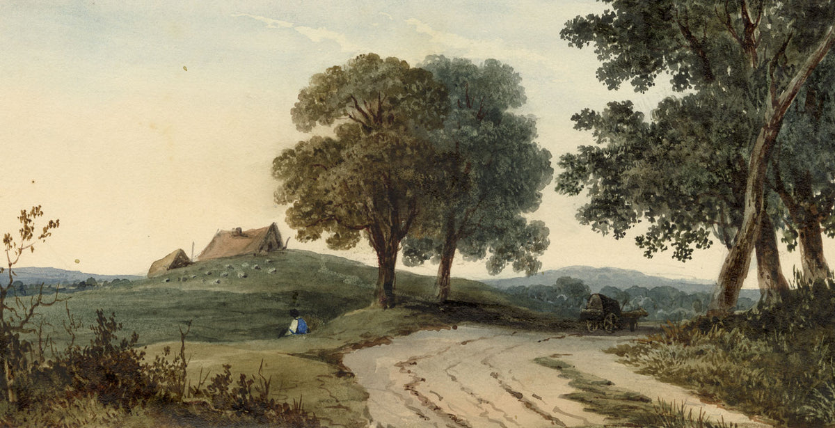 Rural Lane with Resting Figure & Cart – early 19th-century watercolour painting