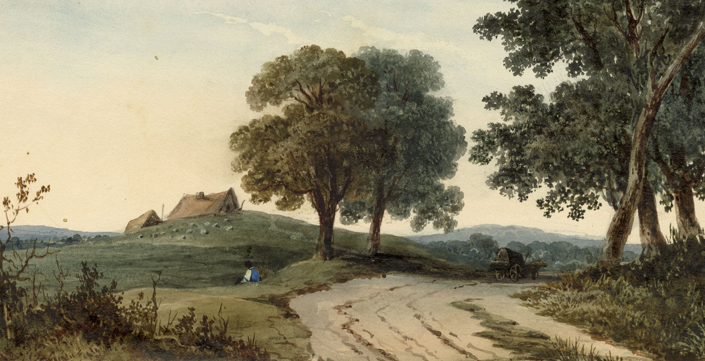 Rural Lane with Resting Figure & Cart – early 19th-century watercolour painting