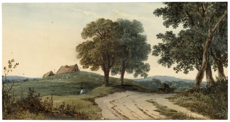 Camino rural con figura en reposo y carro – acuarela de principios del siglo XIX