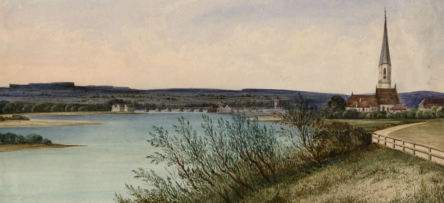 Continental River with Bridge & Church – early 19th-century watercolour painting